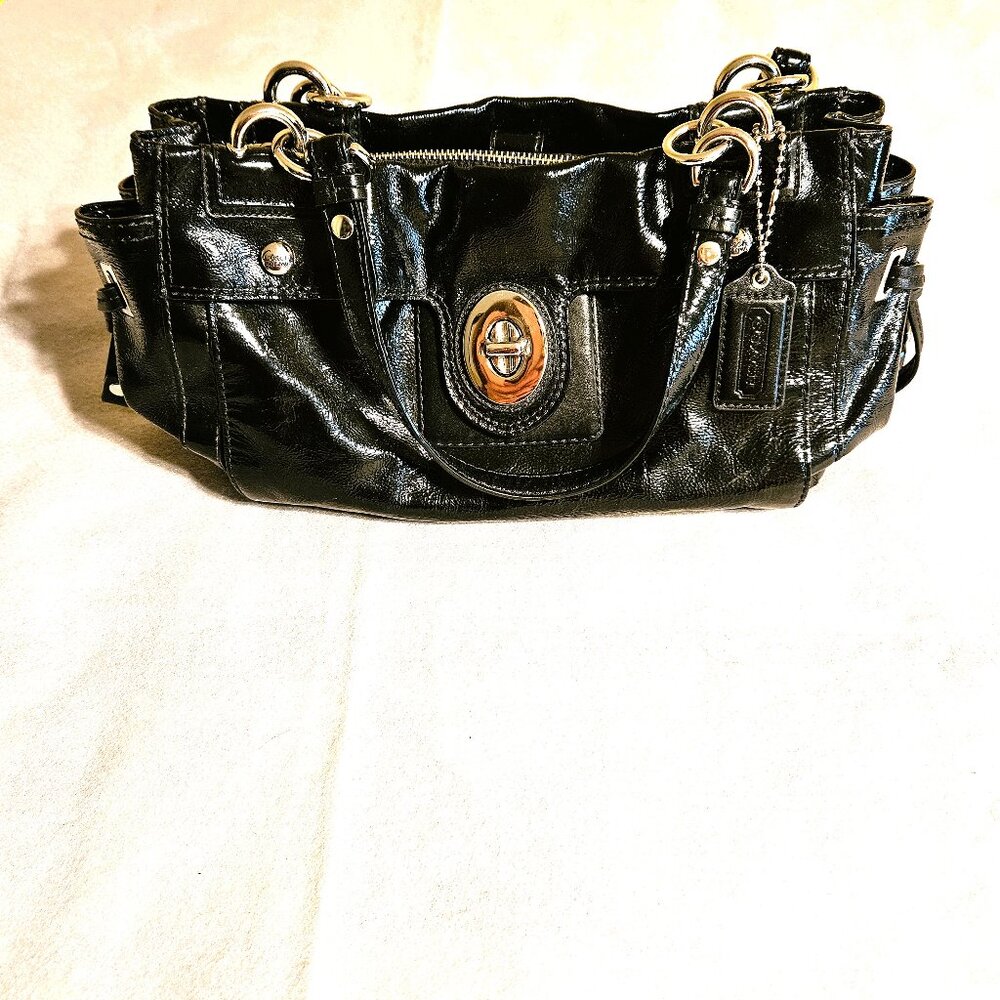 Coach Black Pantent Leather Handbag lots of pockets comes with Dust Bag